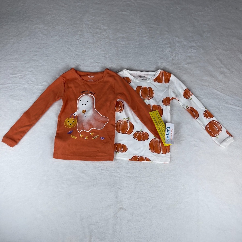 Lot of 2 Carter's PJ Tops Girls 3T White Orange‎ Ghosts & Pumpkins Long Sleeve